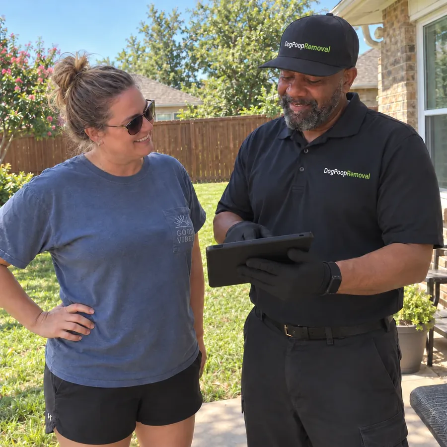 Our team member in gloves going over a clean-yard visit with a smiling customer in her backyard
